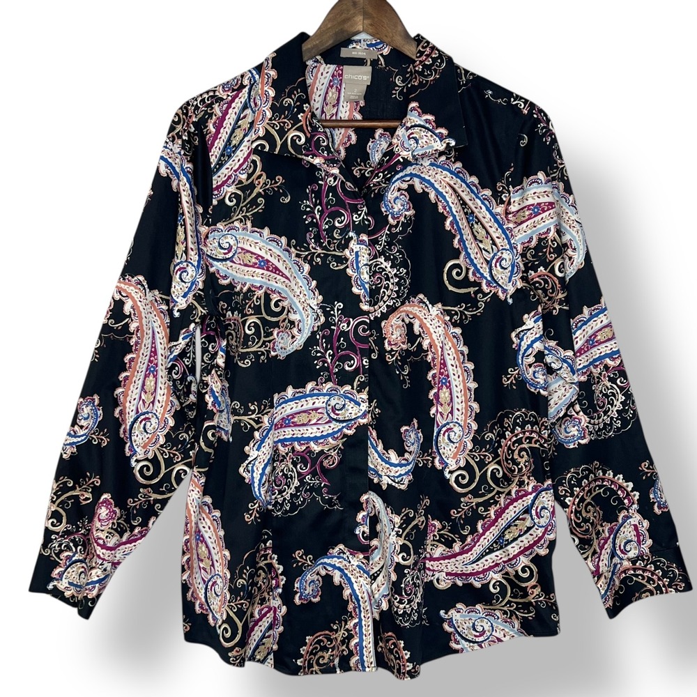 Chico's 2 L Black‎ Paisley Button Up Shirt Blouse No Iron Work Office Artsy Top